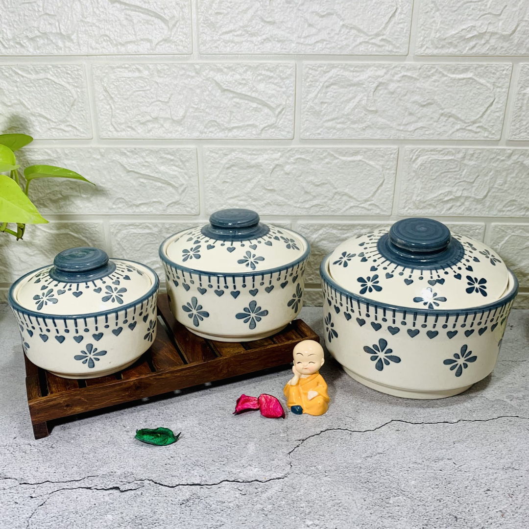 Homefrills Ceramic 3 Pcs Handprinted Multipurpose Storage Ceramic Jars & Containers/Casseroles/Donga/serving Bowl with Lid Microwave & Dishwasher Safe- Set of 3 colour- Grey